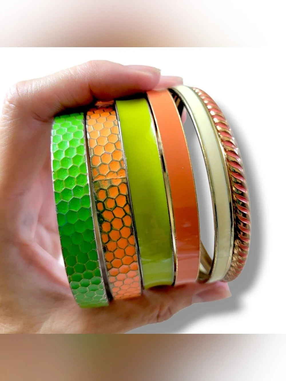 Mixed Gold Tone Orange/Green Stackable Enamel Bangle Bracelet Bundle [6pc]